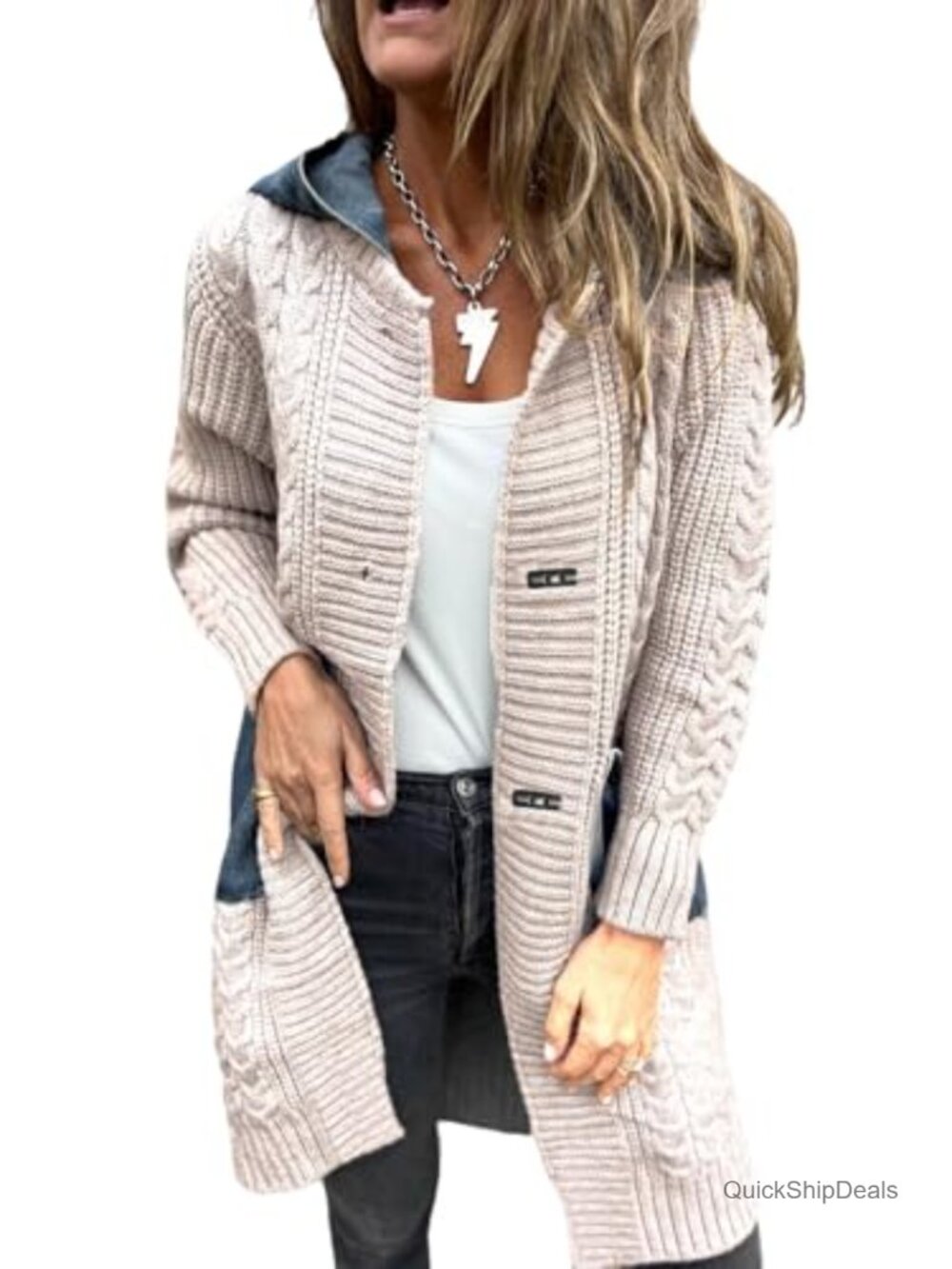 Cable Knit Cardigan Denim Hood Patch Pockets Open Front Long Cozy
